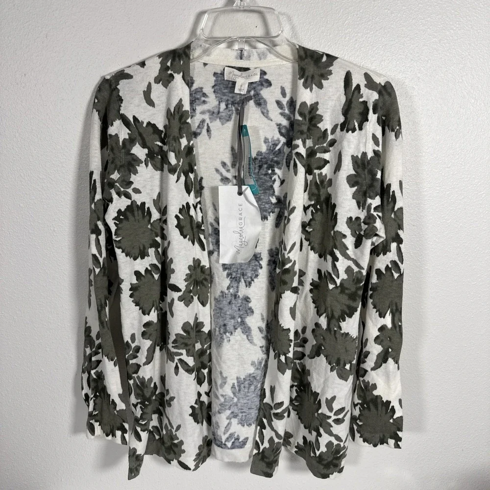 Magnolia Grace Green Floral Print Open Front Cardigan Size S Business Casual D2 - Picture 1 of 7